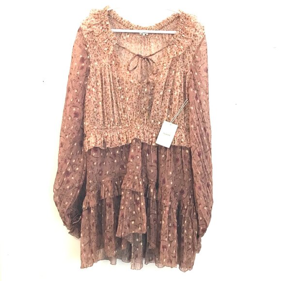 NWT Tularosa Mini dress brown/pink tiered women's XS sheer floral boho hippie - Picture 1 of 8